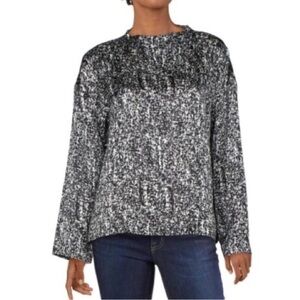 Eileen Fisher black and ivory Graphic Funnel Neck Silk Cotton blend Boxy Top L